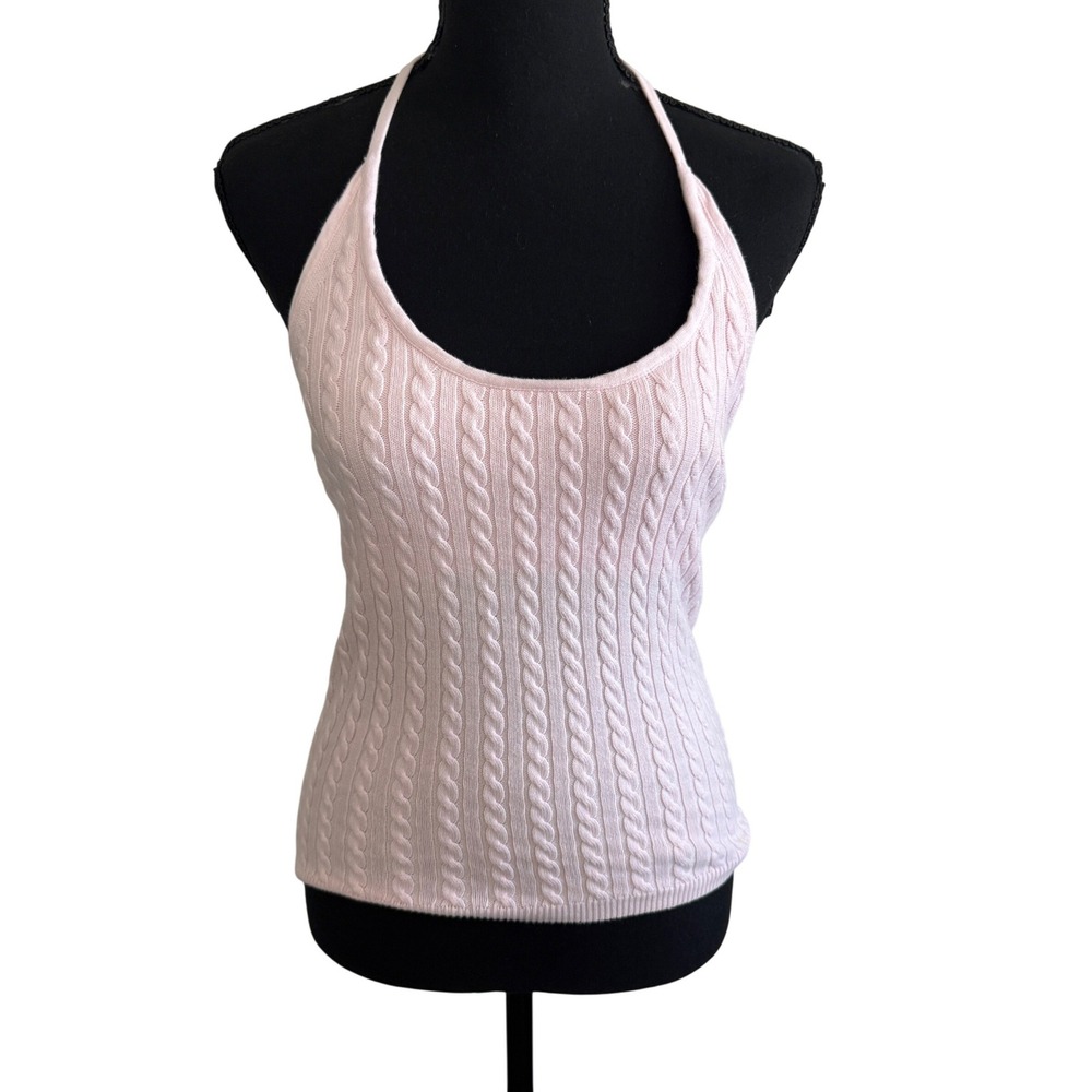 Vintage Gap Womens Y2K Pink Cable Knit Halter Top Petite M Preppy 200s Soft Girl